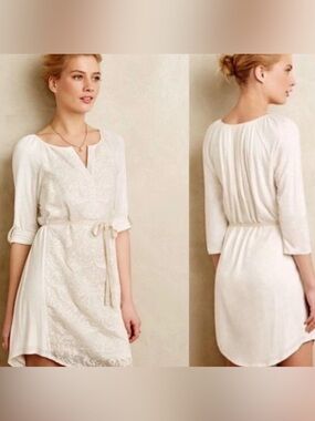 Anthropologie TINY SZM cream embroidered  Paperwhites lightweight dress cottage